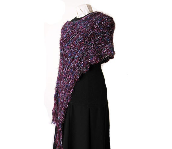 REDUCED PRICE Hand Knit Shawl Purple and Magenta Ponchawl Poncho Stole