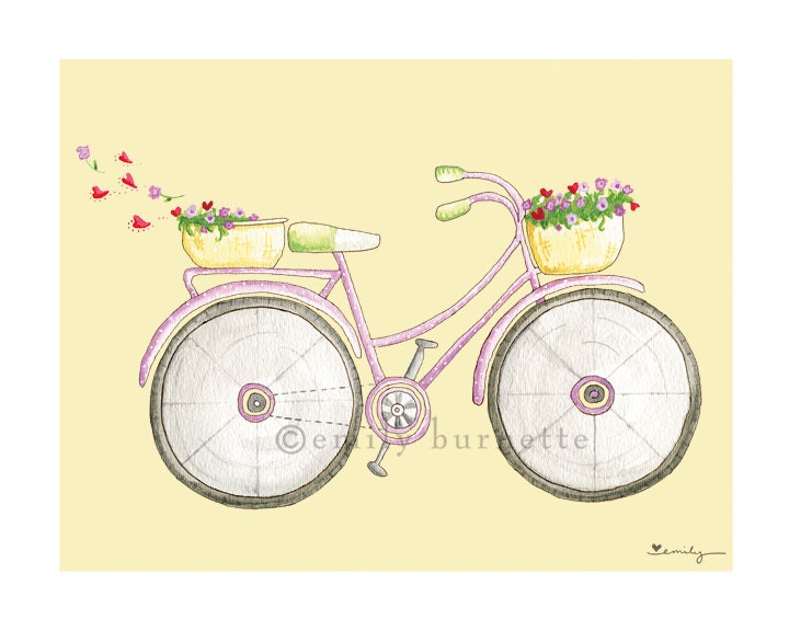 8x10 Print - Bedroom Office Kitchen Wall Art Print - Bicycle bike Cruiser basket hearts - Violet Yellow - Emily Burnette - Recipe 4 Cute