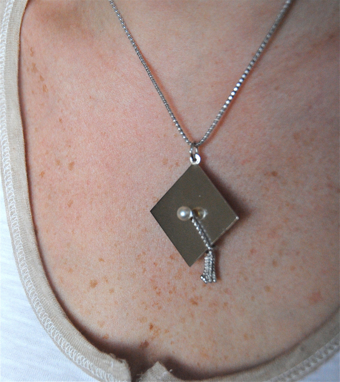 sterling silver graduation day necklace, graduation cap charm on necklace with pearl and movable tassel