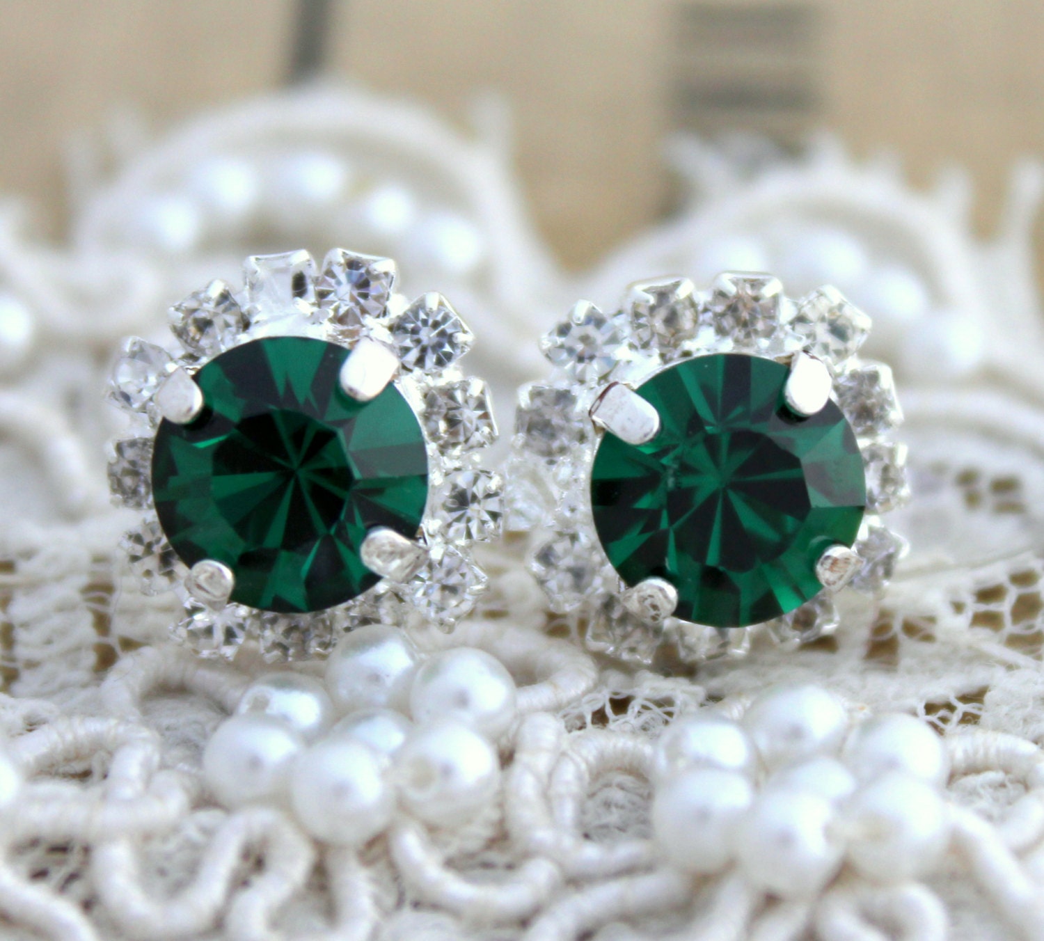 Green Emerald color Crystal  stud earring - Silver plated  post earrings real swarovski rhinestones .