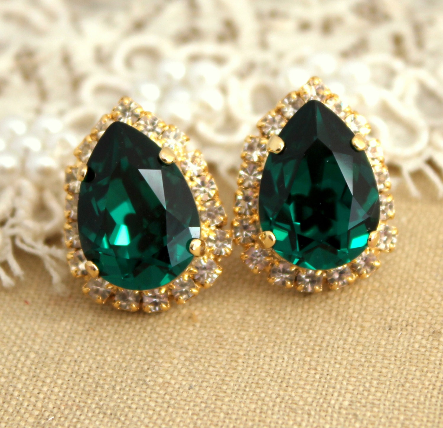 Emerald Crystal big teardrop stud earring - 14 k plated gold post earrings real swarovski rhinestones.