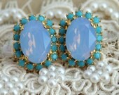 Stud earrings Turquoise blue oval earrings, bridesmaid's earrings,brides earrings - 14 k plated gold real swarovski rhinestones.
