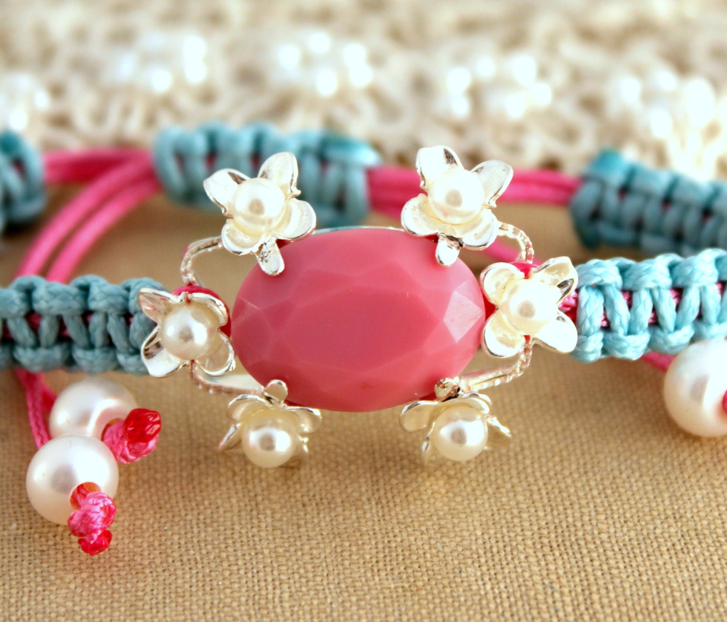 Friendship bracelet Aqua Silver Pink crystals  - silver plated  hand braided.