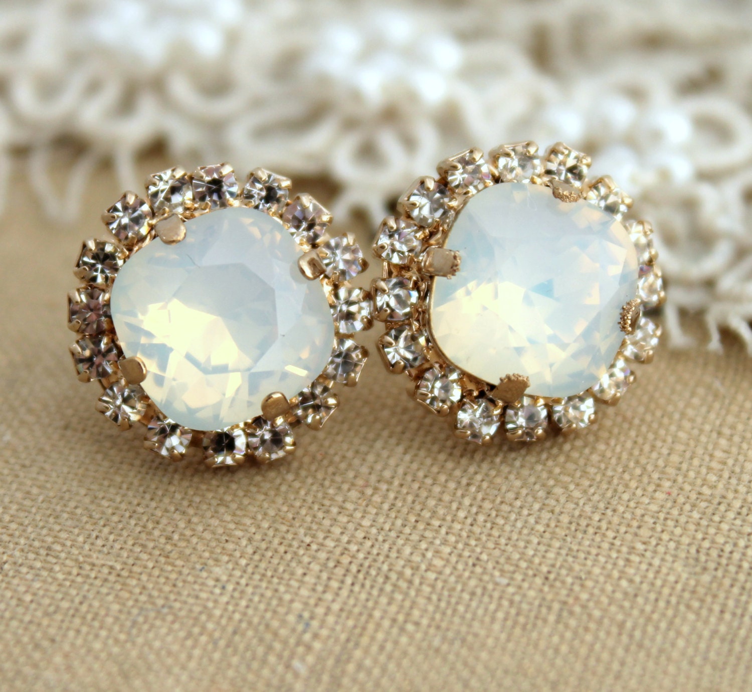 Crystal White Opal stud Petite vintage earring - 14k plated gold post earrings real swarovski rhinestones .