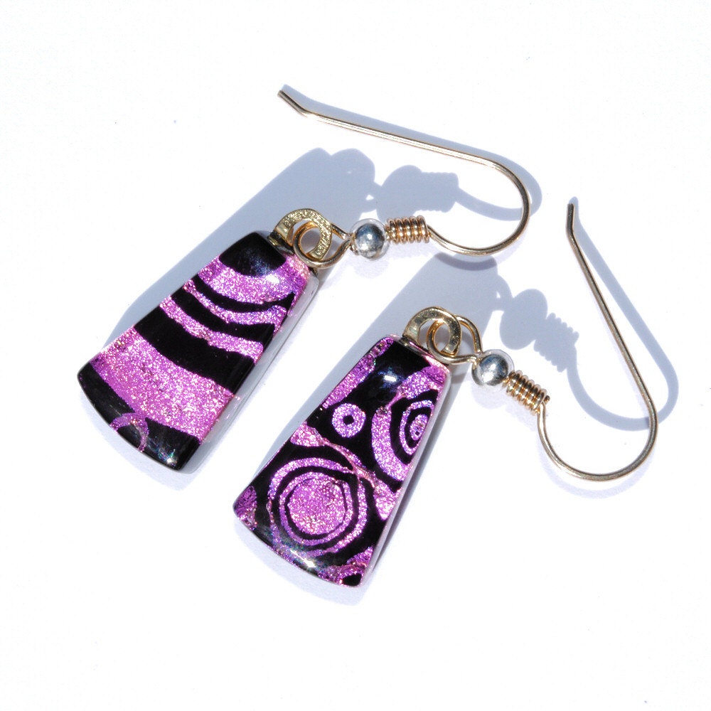 Dichroic Glass Earrings, Dangle Earrings, Fused Glass Jewelry, 18K Gold Filled Wires - Stylish Mod Retro, Black, Pink (Item 30470-E)