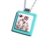 Simply Whimsical Fused Glass Pendant - Bird, Flower, Woodland, Nature, Outdoors, Dove - Sepia, Sky Blue, White (Item 10554-P)