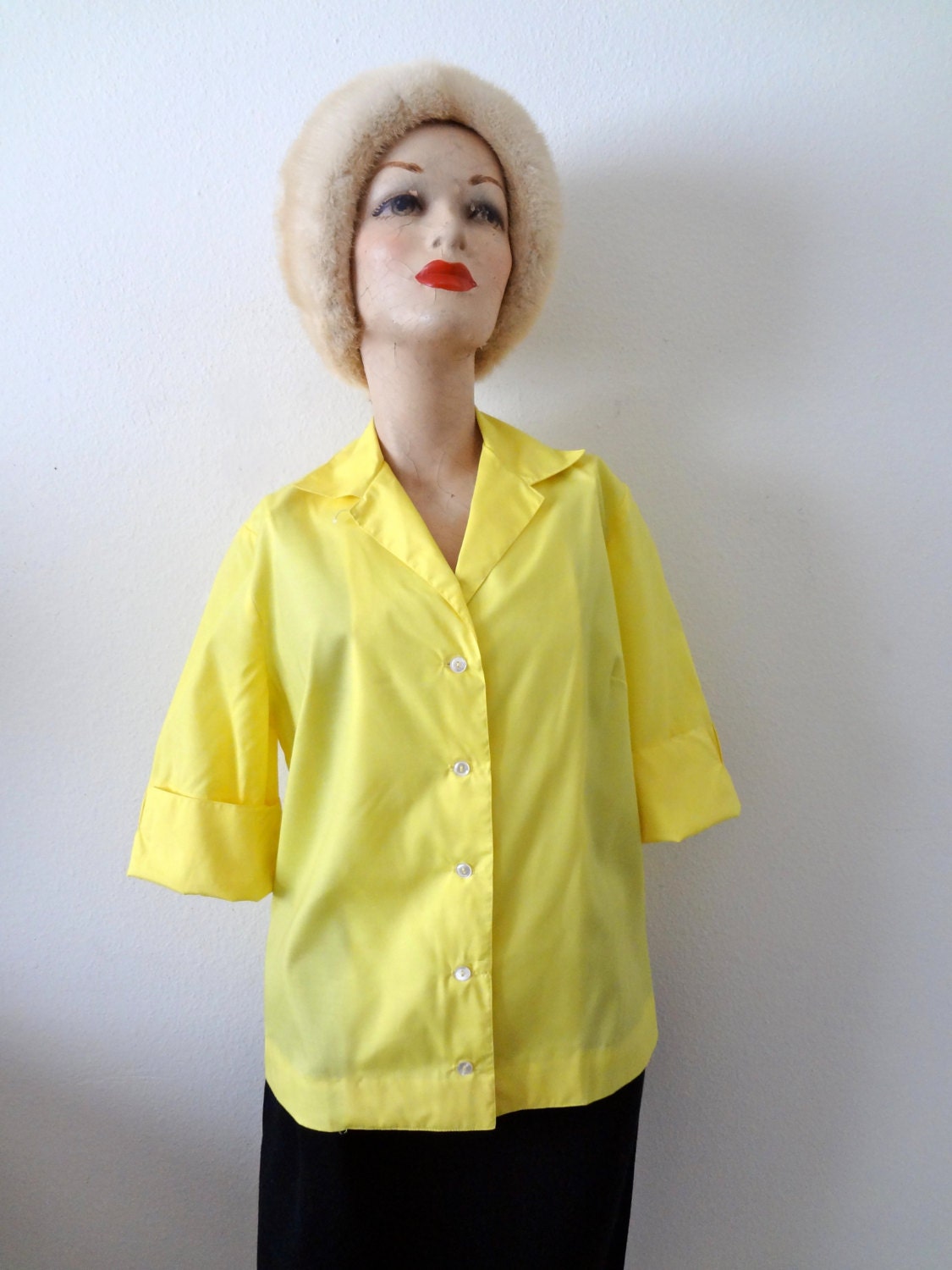 1950s Blouse / Canary Yellow Button Front Shirt / vintage top