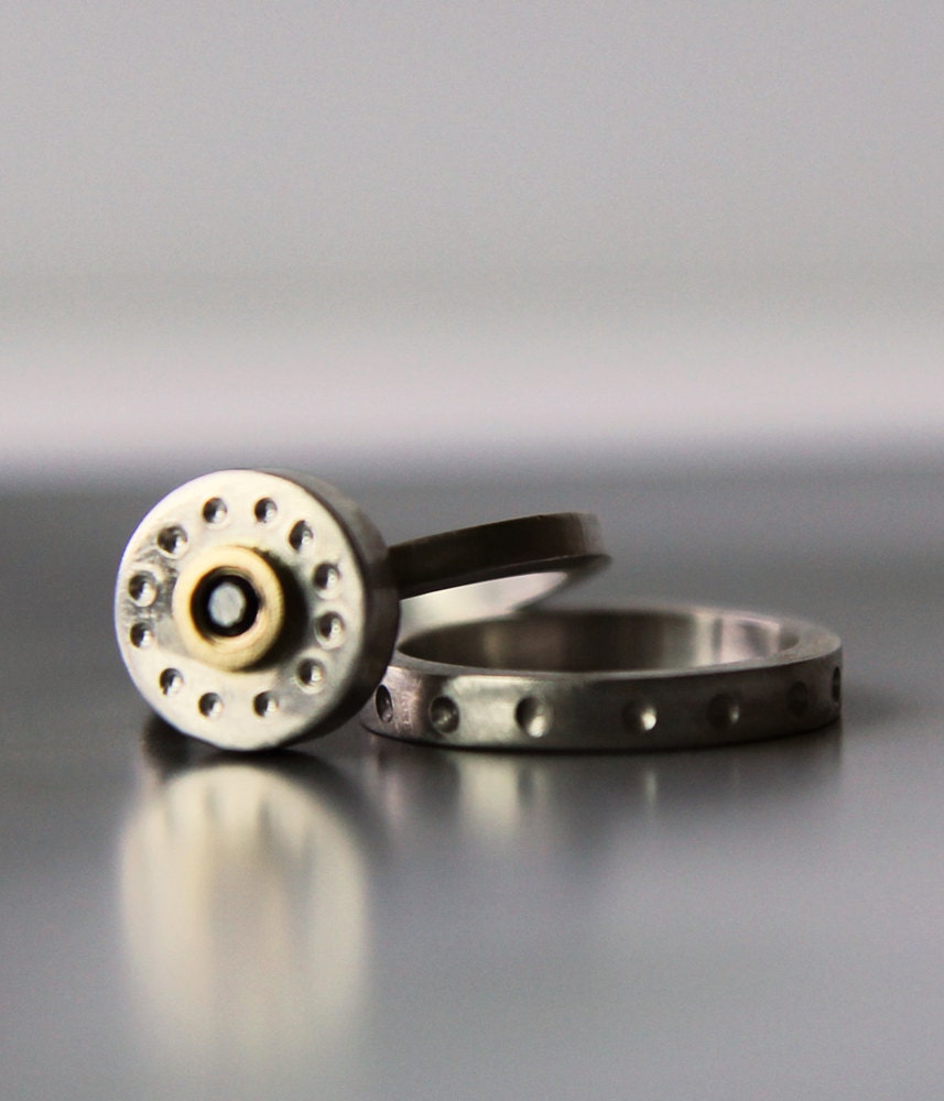 wedding band set - sea of tranquility black diamond 18K gold and sterling engagment ring - recycled - conflict free