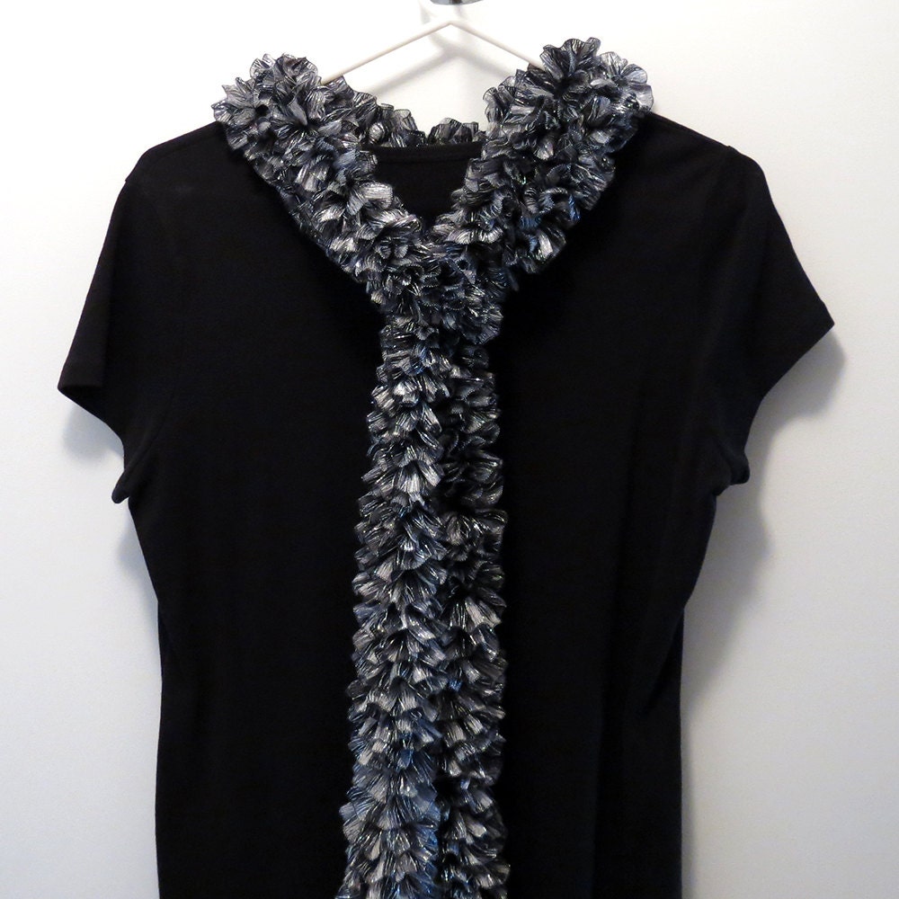 Scarf Black Gray Grey Ruffle Sparkly 94" Ribbon