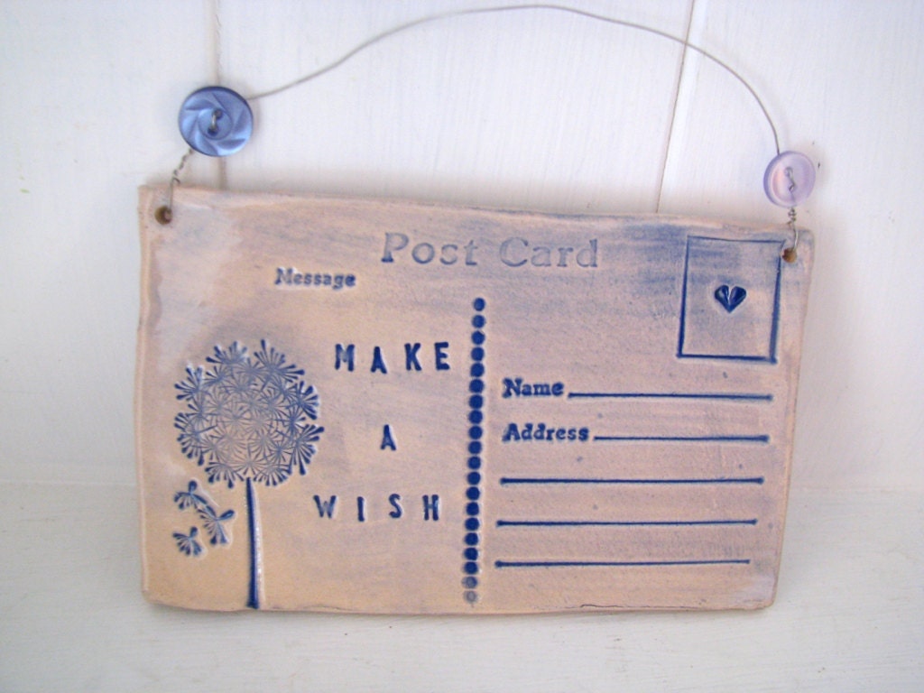 Make Wish - Ceramic postcard with vintage buttons. Dandelion. Made in Wales, UK.  Ready to Ship.