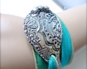 Eco Friendly Silver Modern Tribal Silk Wrap Bracelet, Lotus Petal, Yoga Jewelry, Artisan Silk, Bohemian, On Trend, Earthy Fashion Accessory