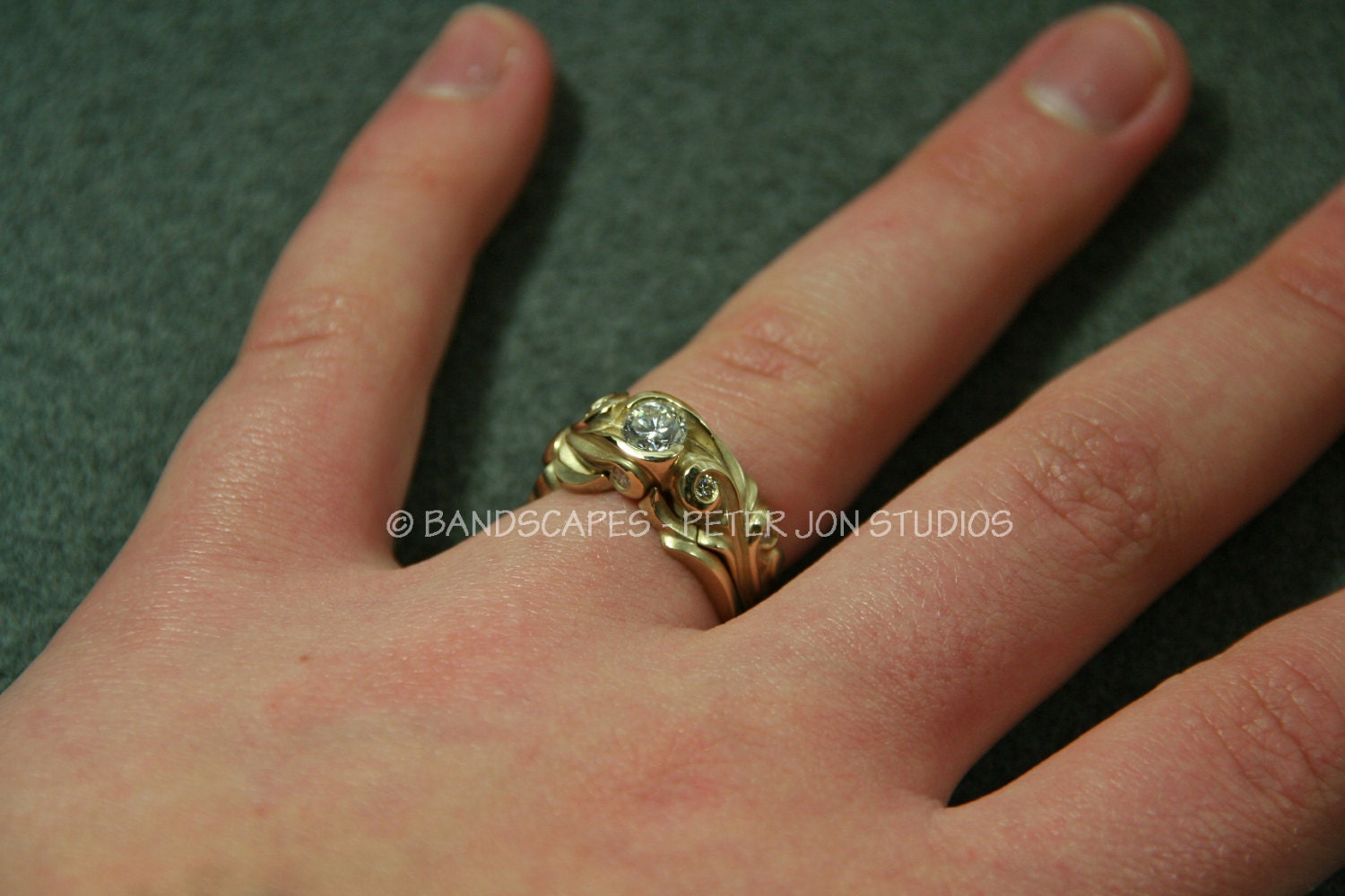 14k Yellow Gold ANNE WEDDING Ring Set, .58ct. E color, VS clarity Natural Diamond.  Ready to send