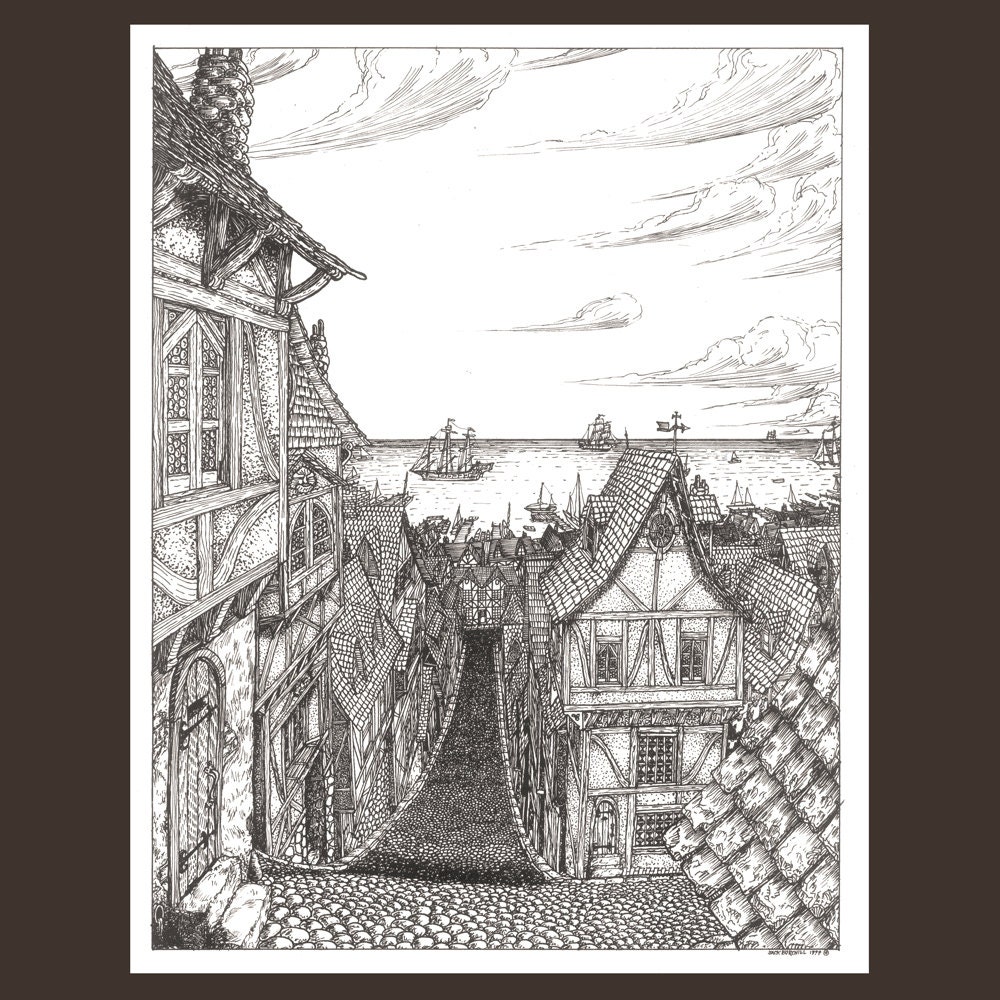 Black and White fantasy landscape illustration of another port city