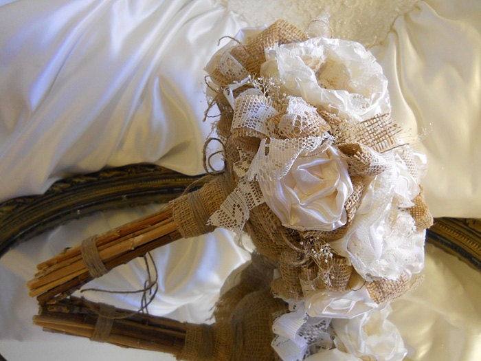12" Large Size, Bridal Bouquet, Burlap and Ivory Peony, handmade ivory silk peonies, pearls, lace, babies breath and stem handle.