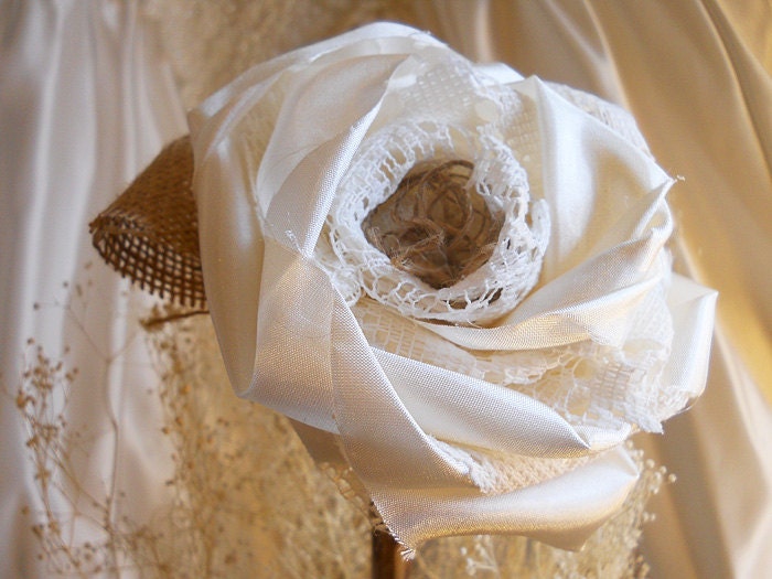 1 Large 17" Tall Ivory Rose Flower Stem for weddings, table decor, centerpieces. Ivory silk, lace, burlap and natural twig stem.