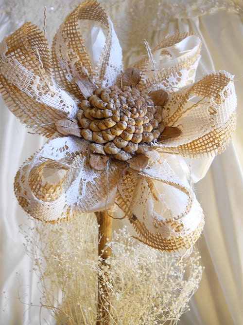 1 Large 17" Tall Burlap Pinecone Daisy Flower Stem for weddings, table decor, centerpieces. Burlap, lace, pine cones and natural twig stem.