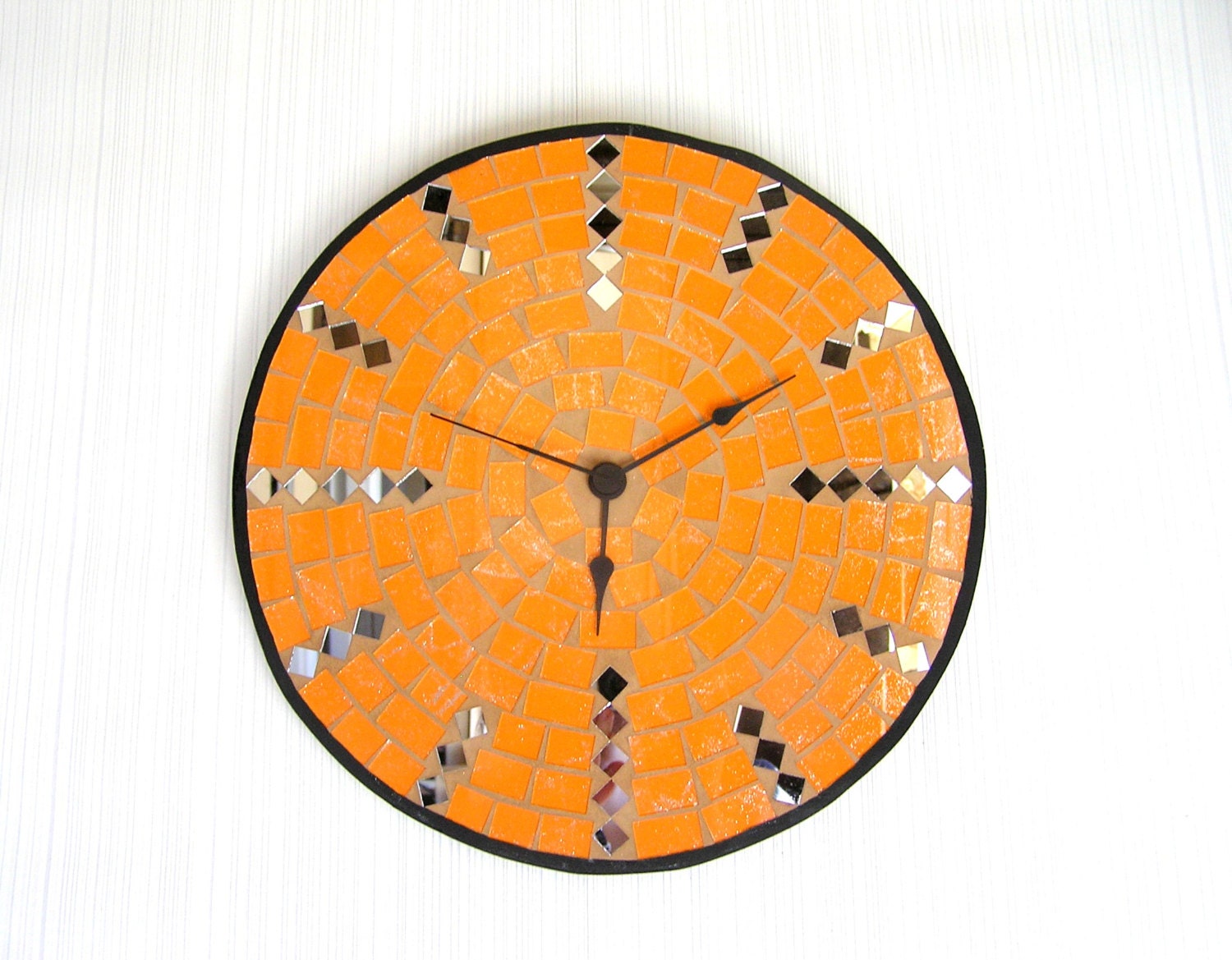 Handmade orange wall clock large home office decor designer glass mosaic contemporary art