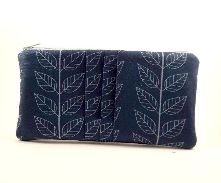 Pleated Pouch/ Zipper Pouch/ Navy Blue Pouch/Wallet/Gift for Women/Flowers/Teal