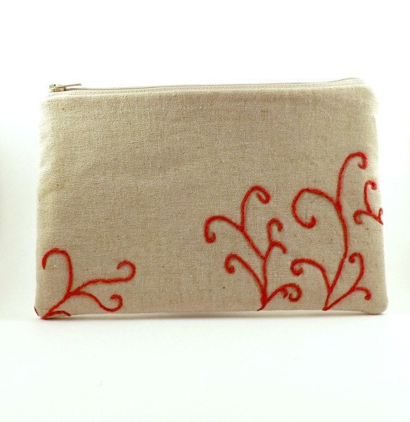 Ready to Ship/ Embroidered Red Swirls / Zipper Pouch/ Clutch Pouch/ Gift Idea