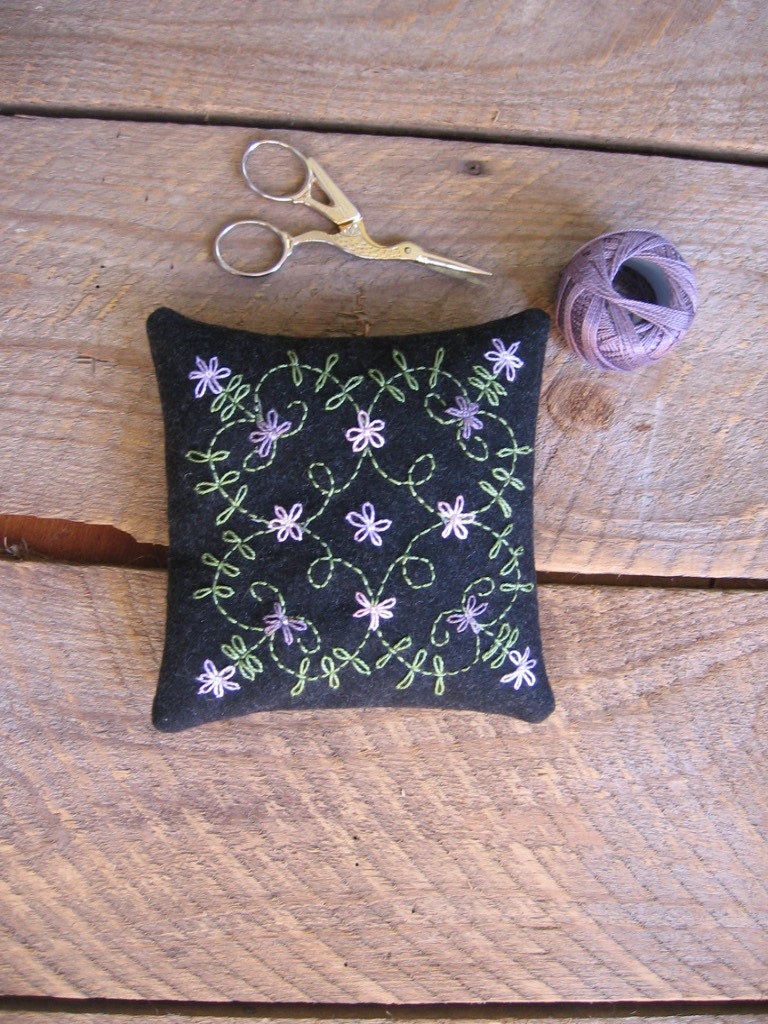 Wool Pincushion with Embroidery Victorian Flower and Leaf Motif