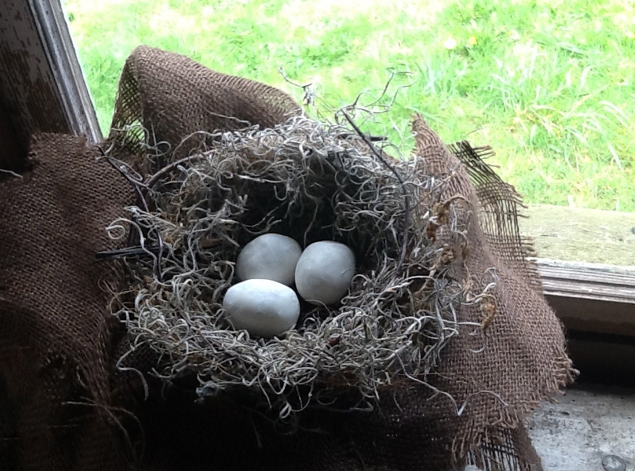 Natural looking birds nest - Spanish Moss w/ Three Eggs - French Country- 6 Inch Nest