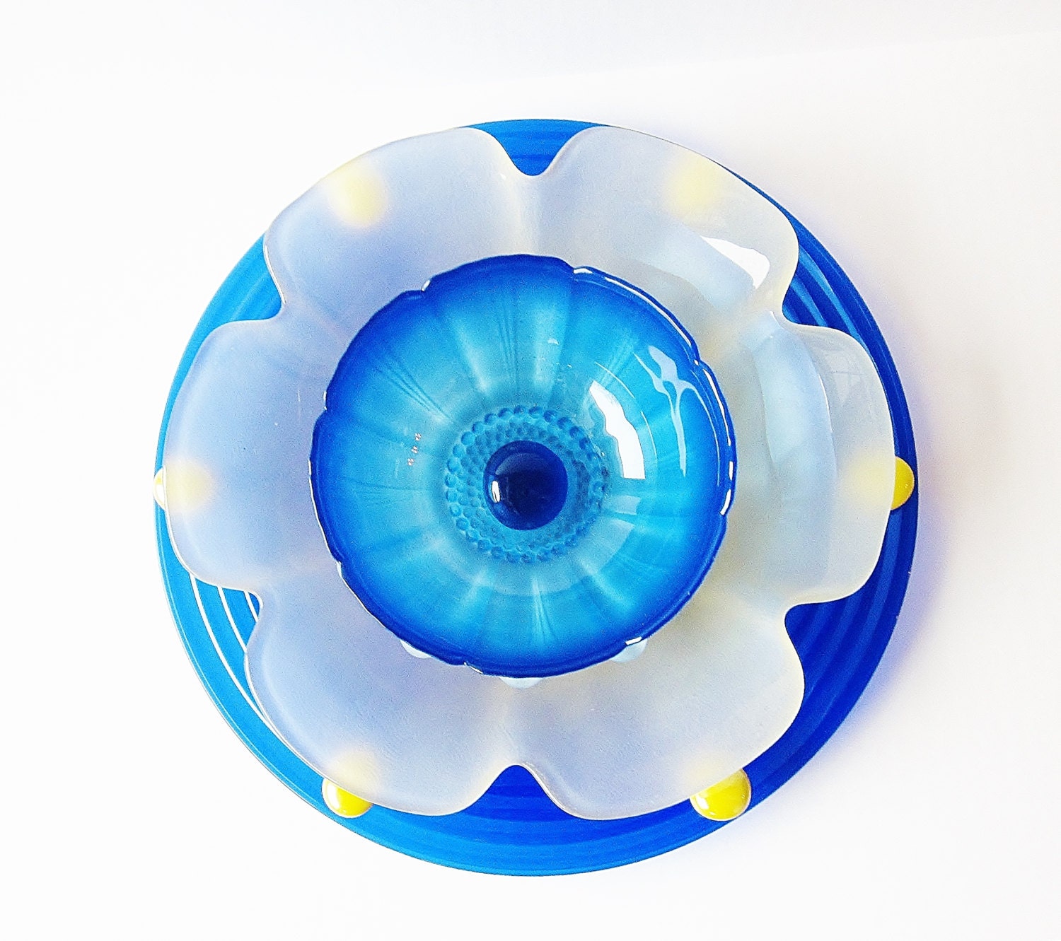 Reclaimed Glass Garden Art Plate Flower Yard Suncatcher UpCycled RePurposed ALAINE Blue Yellow
