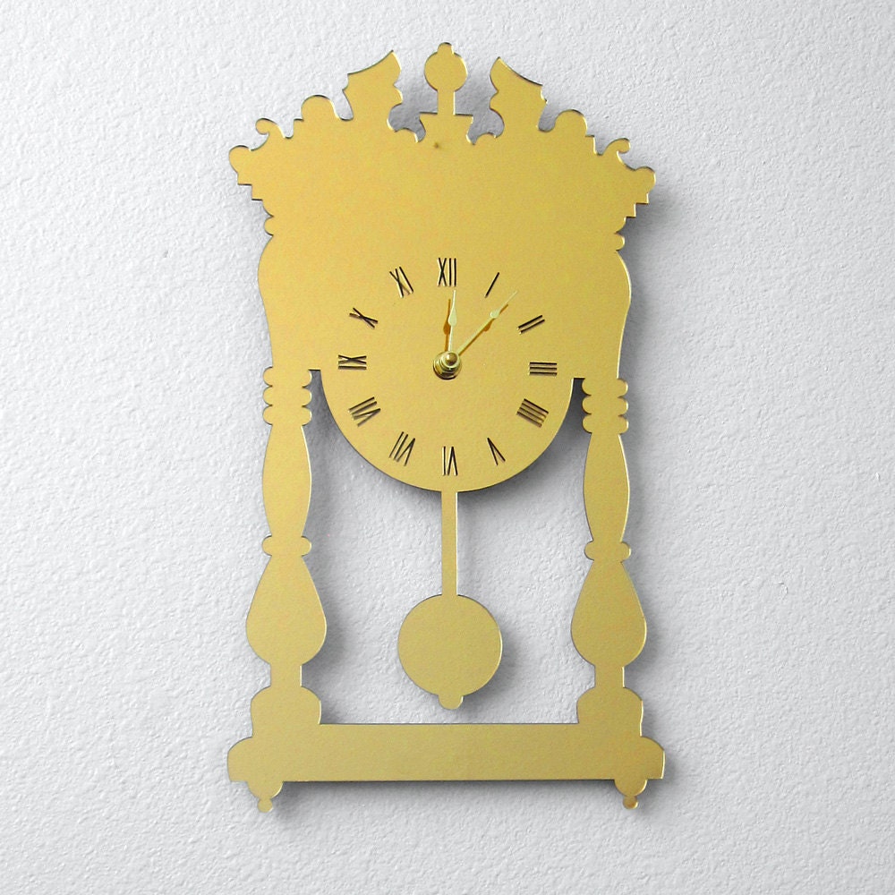 Gold Mirror Pendulum Silhouette Wall Clock - Laser Cut Acrylic Perspex Hanging Decor