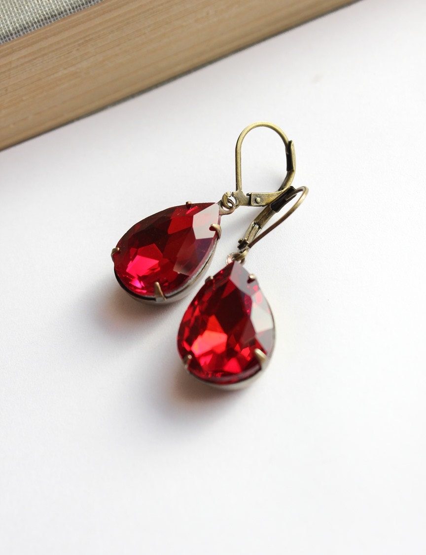 Red Earrings Red Glass Dangle Earrings Drop Rhinestone Antique Brass Vintage Style Teardrop Gothic Glam Prom Modern Accessories Lever back - apocketofposies
