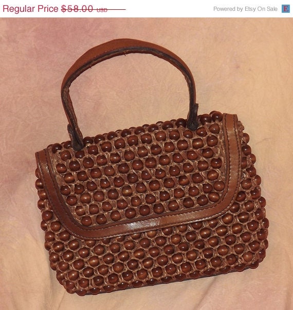 Vintage KORET Handbag Leather and Wood Bead 1960s Purse