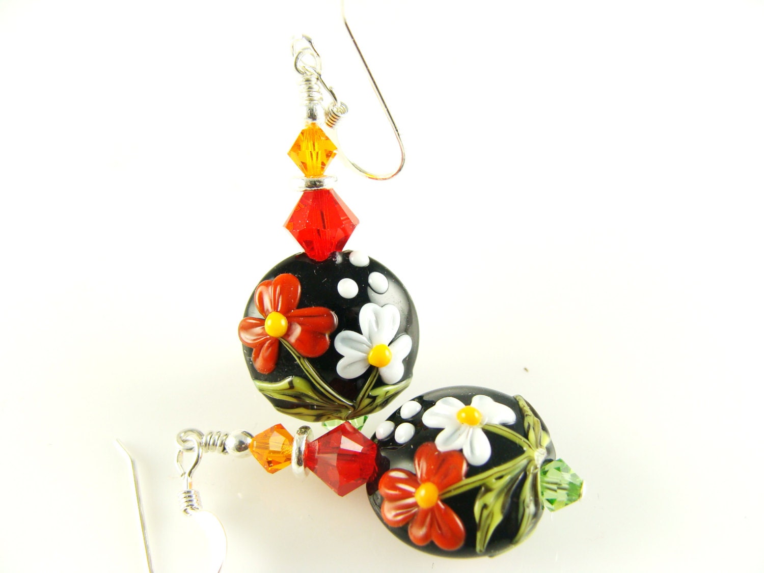 Black Lampwork Earrings, Glass Bead Earrings, Dangle Earrings, Beadwork Earrings, Red White Flower Earrings, Lampwork Jewelry