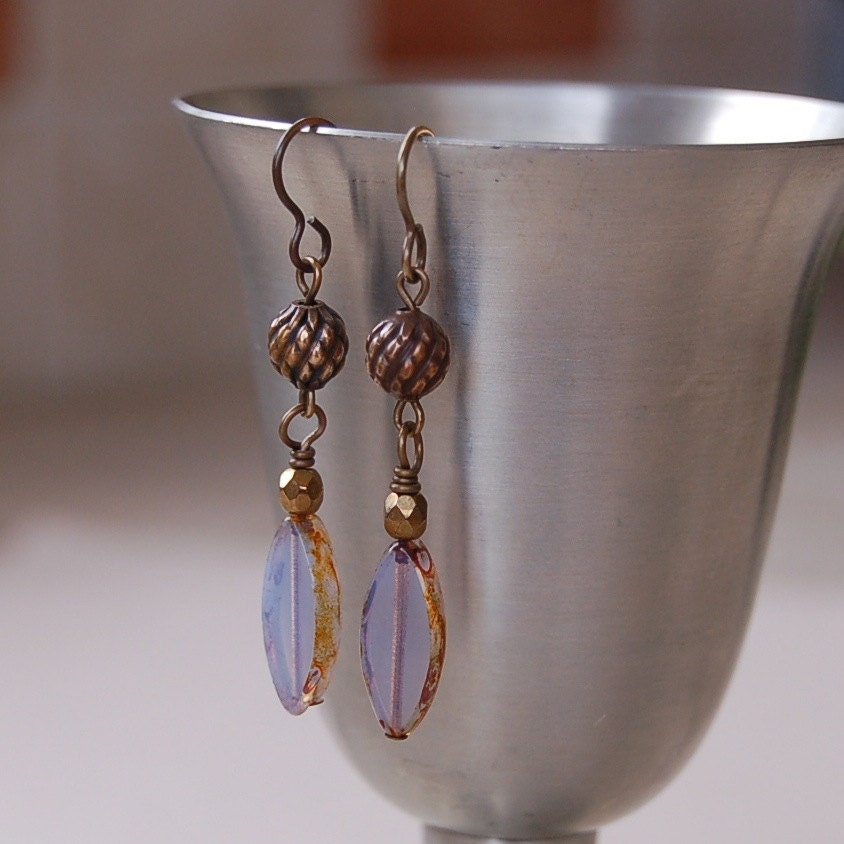 Amethyst Glass and Brass Earrings