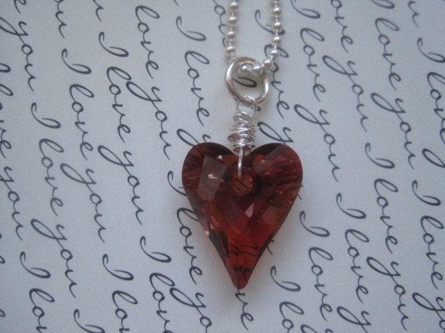 Red Heart Crystal Wire Wrapped Sterling Silver Necklace
