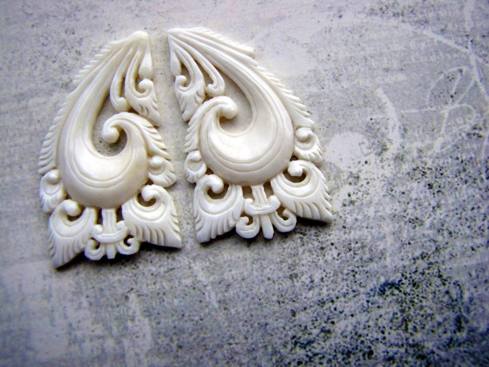 Tri Hita Karana No. 3 Carved Bone Cabochon Pair