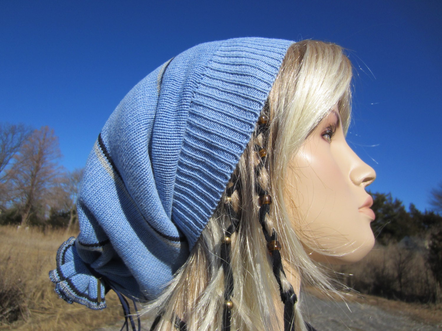 Bohemian Beanie Hat Stripe Baby Blue Navy Slouchy Beret Striped Cap A907
