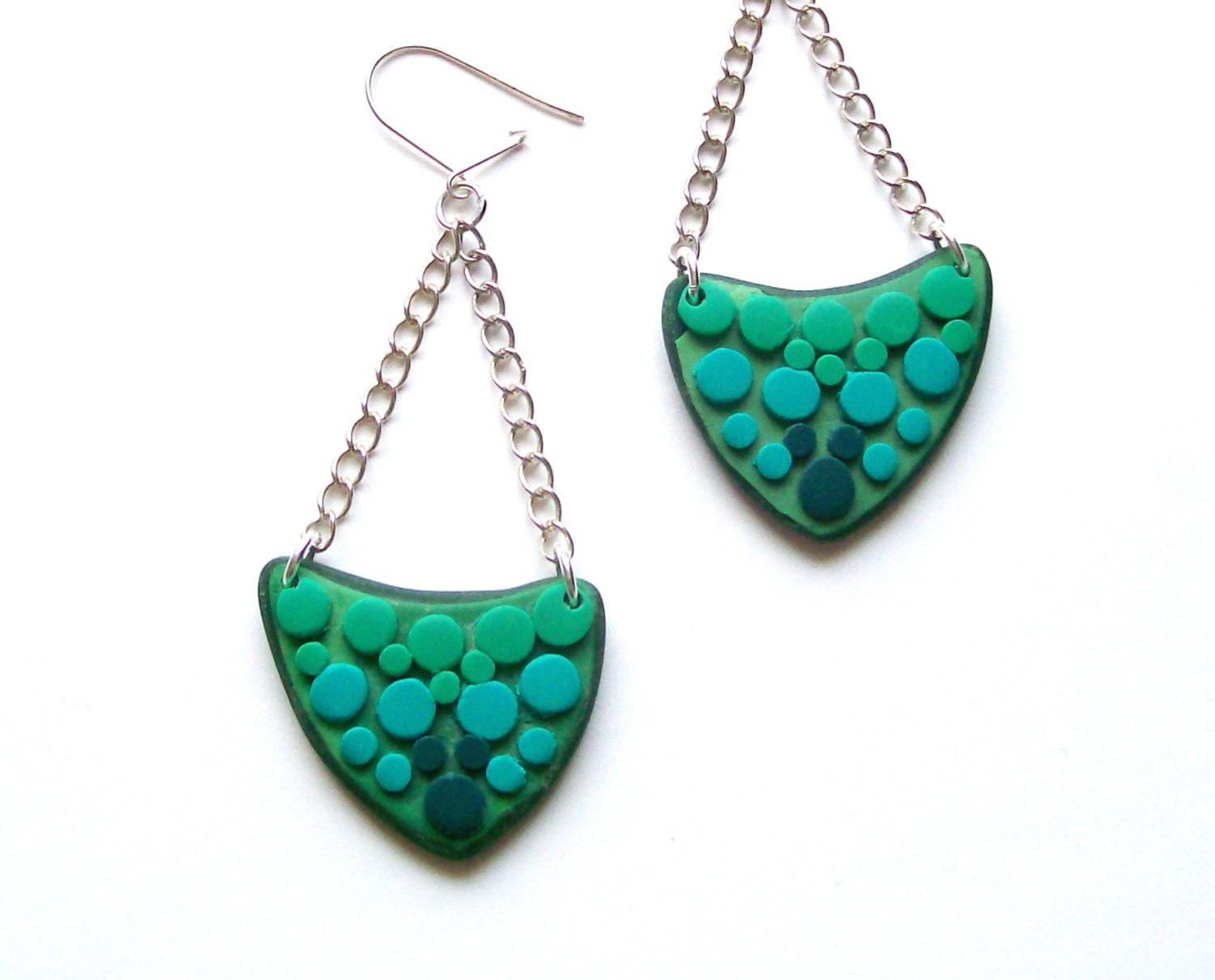 Polymer clay asymmetrical fashion earrings green bubbles arrow shaped geometrical dangle earrings