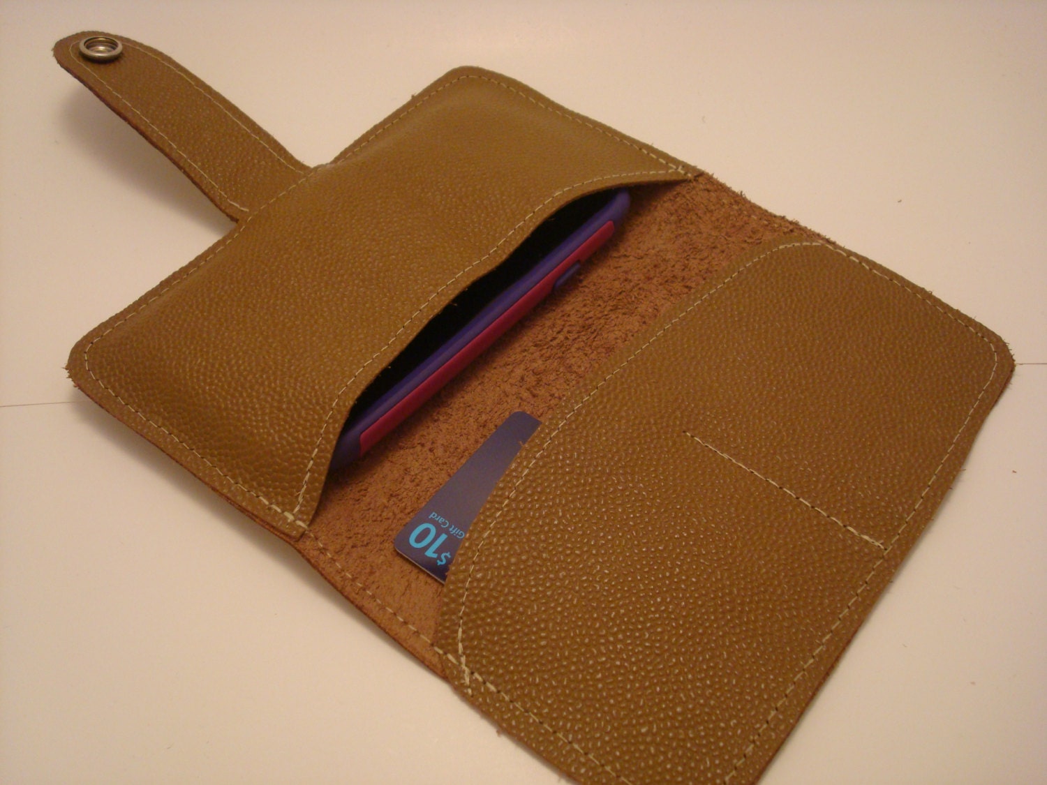 Handmade Lt. Brown Leather Cell Phone Wallet with Snap Closure - Genuine Leather - FITS Samsung Galaxy SIII with Otter Box