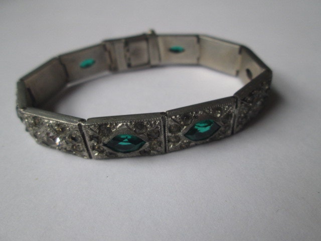 Vintage Bracelet Art Deco Emerald Green Clear Rhinestones  Downton Abbey 1920s Jewelry