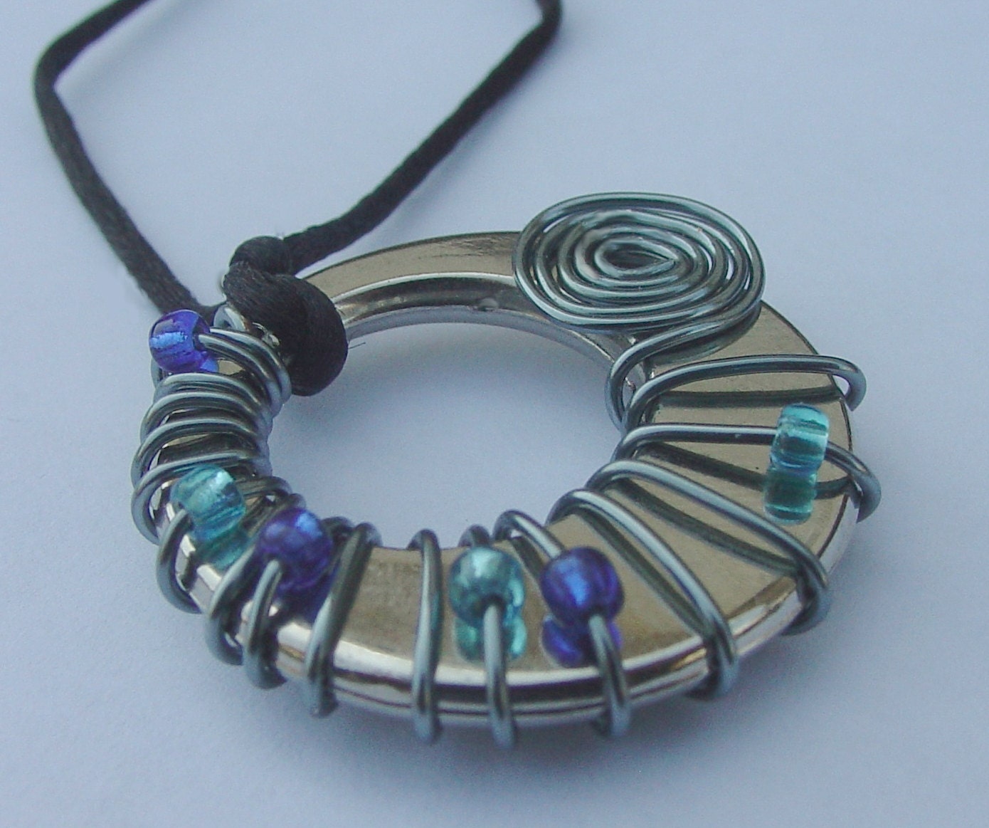 half moon swirl, pendant necklace, silver, blue, repurposed, upcycled, wrapped metalwork, pendant, necklace, choker