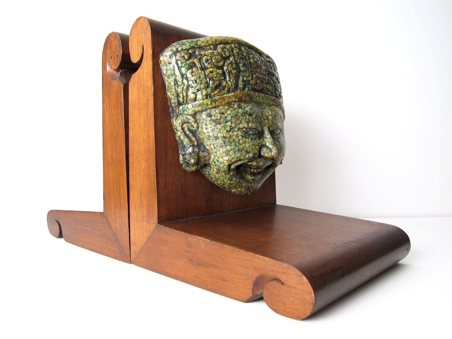 Mid-Century Inza Bookends / Mayan Reproduction Malachite Sculptures / Walnut Decorative Art