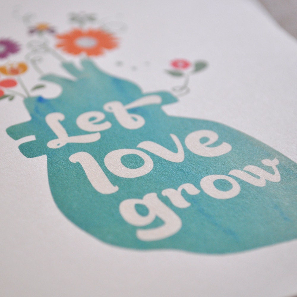 Love note card set, Let Love Grow, anatomical heart watercolor illustration: set of 8