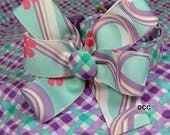 Dog Collar Criss Cross Checkered Purple Turquoise White w Ribbon Swirl Flower Bow Size MEDIUM  Adjustable with D Ring