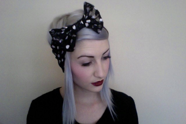BLACK floral LACE with polka dots bow turban headband head wrap 40s style