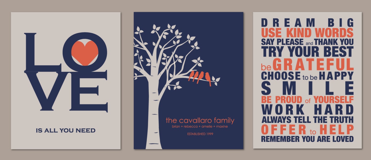 Mother's Day GIft - Love Is All You Need - Custom Love Bird Family Tree and Family Rules Print - Set of three art poster prints - 8"x10"