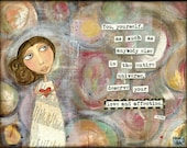 Mixed Media Art: Deserving Girl 8x10 print - Whimsical Art, Folk Art, Inspirational Art, Wall Art, Girl Art - Red and Brown