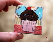 Mini Painting: Chocolate Coated Cupcake 2x2, original painting, acrylic, mini original, cupcake art, mixed media original, pink, brown