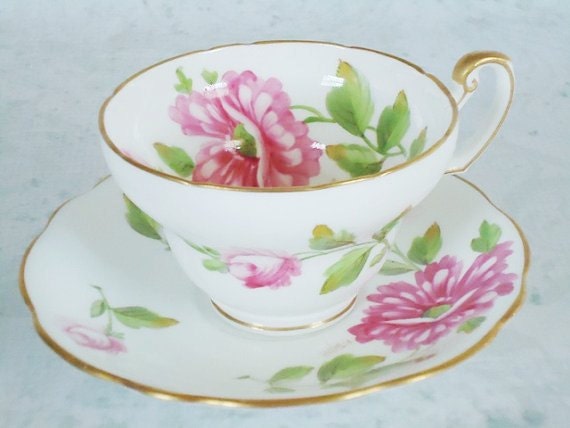Wedding White Teacup and Saucer Set with Pink Roses - Vintage Signed Teacups and Saucers