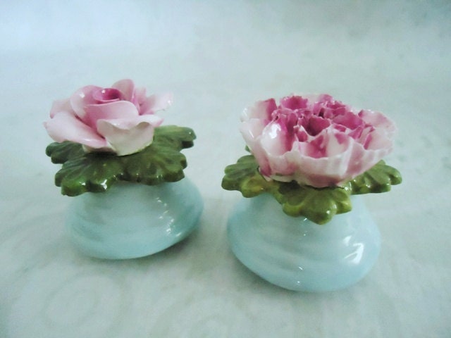 Turquoise Floral Salt and Pepper Shakers - Vintage Aynsley Salt Shakers