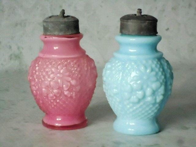 Antique Pink Glass Salt and Pepper Shakers - Pink and Turquoise Consolidated Glass Co Glass Salt and Pepper Shakers