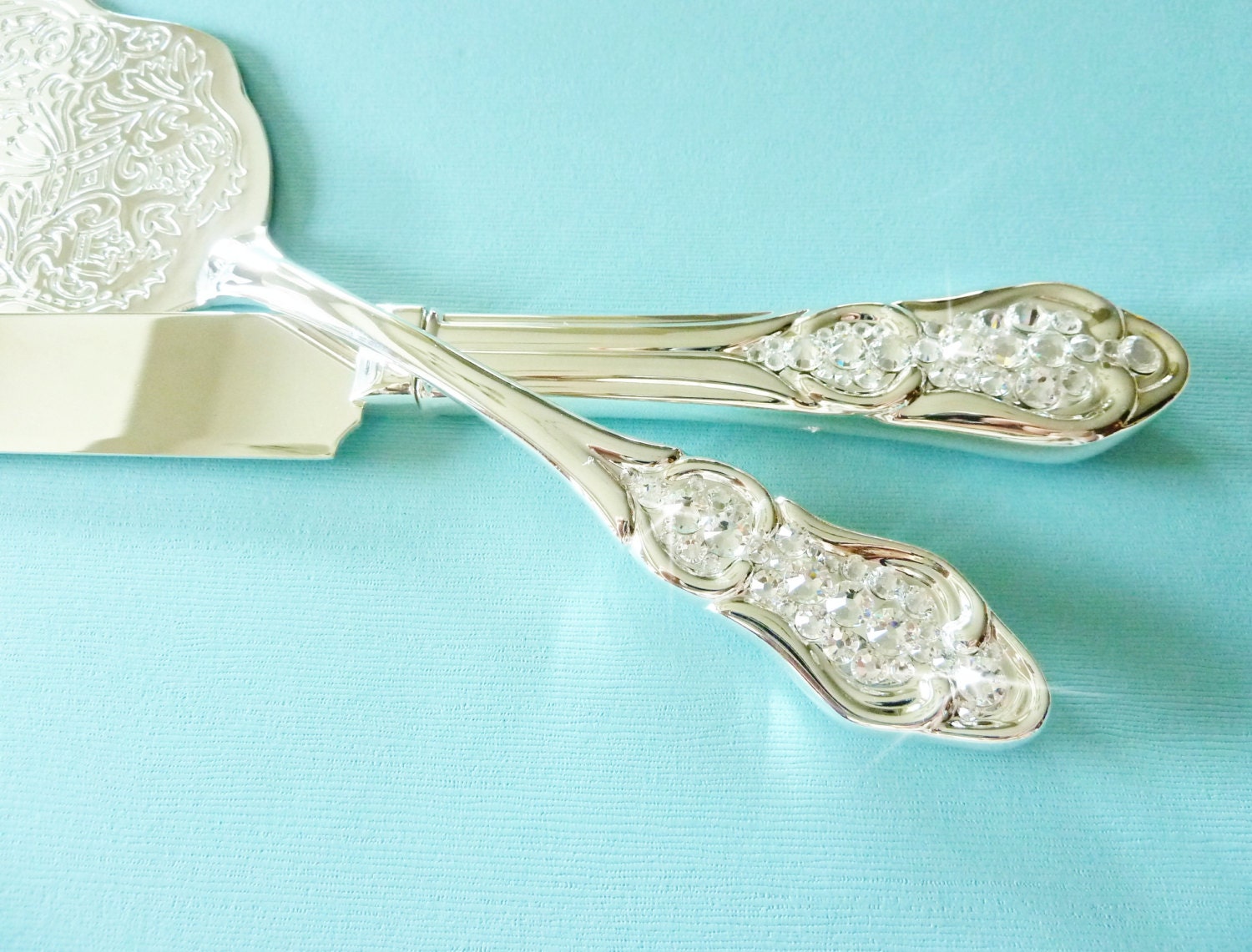 Wedding Cake Knife and Server Set - Embellished with Swarovski Crystals & Engraved