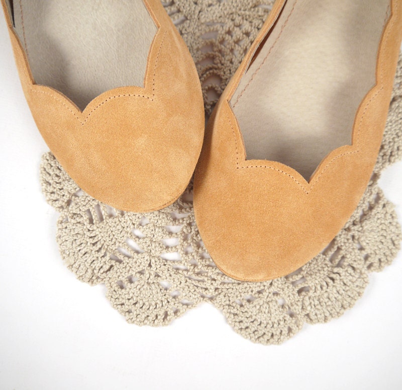 Peach Soft Suede Scalloped Handmade Ballet Flats